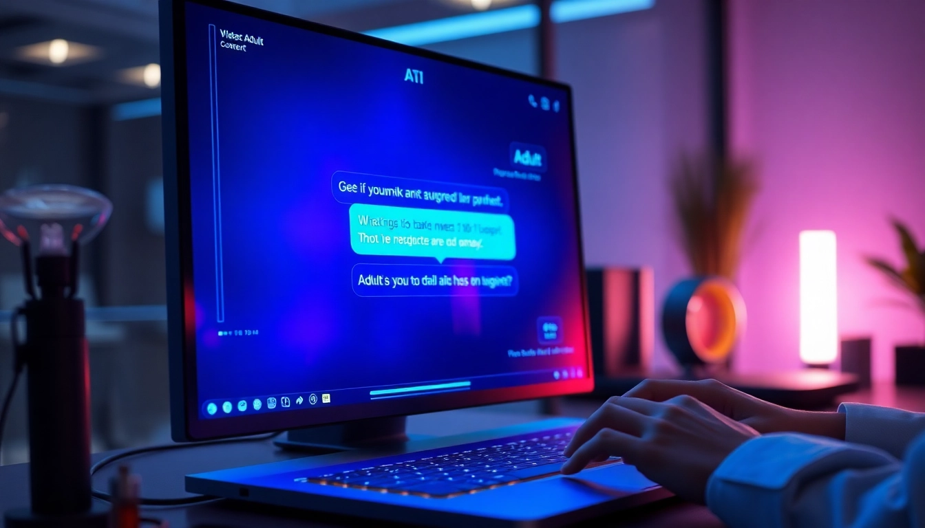 Futuristic digital interface showing an adult-themed AI chat conversation on a glowing screen